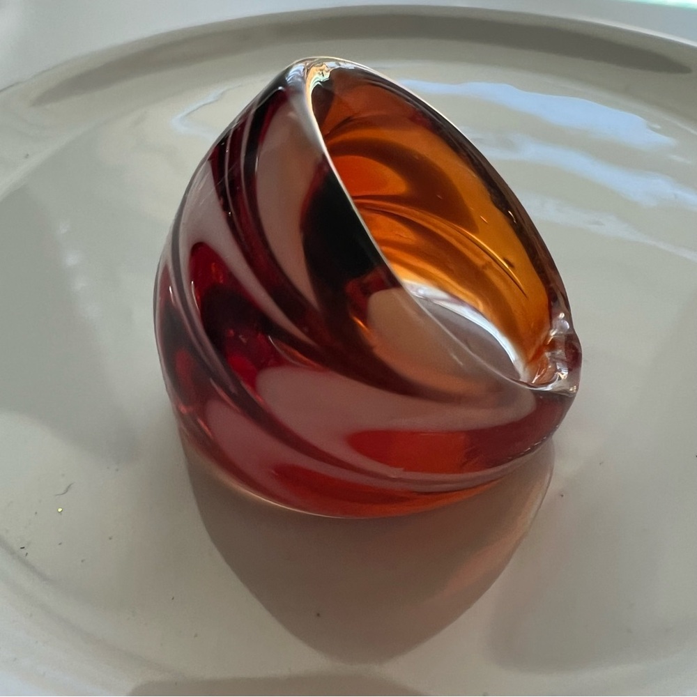 Vintage Red Color Murano Stile Glass Ring, Chunky Wide Band Ring Size 7
